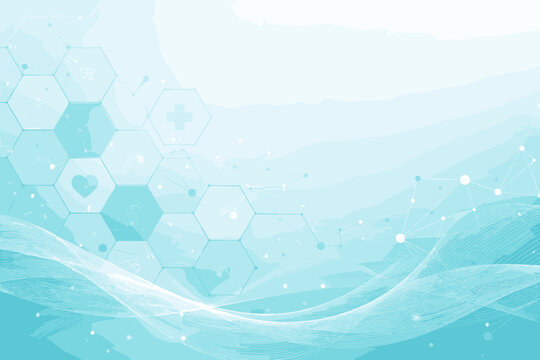 Abstract Medical and Healthcare Background with Hexagonal Patterns, Network Lines, and Science Icons for Digital Health, Biotechnology, Scientific Research, and Innovation Concept Illustration Vector
