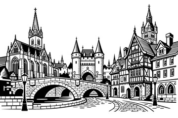 Obraz premium Historic European architecture in detailed black and white line art featuring a Gothic church, stone bridge, medieval gate towers, and traditional half-timbered houses in an old town square.