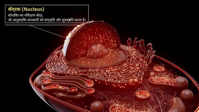 Conceptual 3D Animation of a Eukaryotic Cell with Labeled Organelles in hindi