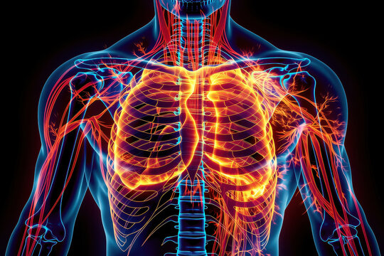 Human chest lungs ribcage anatomy respiratory system glowing medical illustration upper body vascular system nerves health science detailed transparent blue orange internal organs torso muscle