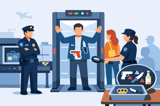 Secure gateway scanning for weapons and prohibited items at an airport terminal with security officers, body scanner, X-ray machine, and confiscated contraband to ensure passenger safety.