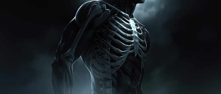 Upper body human skeleton muscular anatomy ribcage chest torso male dark background