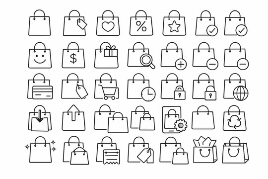 Comprehensive set of 35 shopping bag outline icons for e-commerce and retail web design. Minimalist linear vector icon collection featuring price tags, discounts, payments, and delivery symbols.