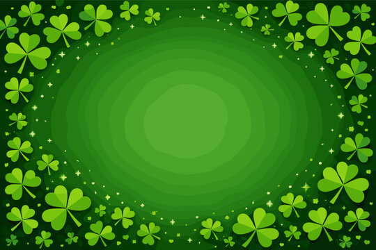 St. Patrick's Day Holiday Background with Green Shamrock Clover Leaves Border, Sparkling Stars, and Central Copy Space for Irish Celebration, Luck, and Festive Greeting Card Design Illustration