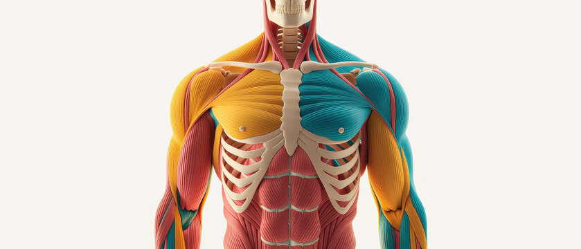 Human anatomy muscle skeleton torso medical illustration educational chest shoulder arm clay render