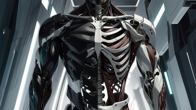 Futuristic cyborg human with half robotic skeleton, exposed muscle, and metallic components in high tech laboratory, blending advanced technology and anatomy, intense expression