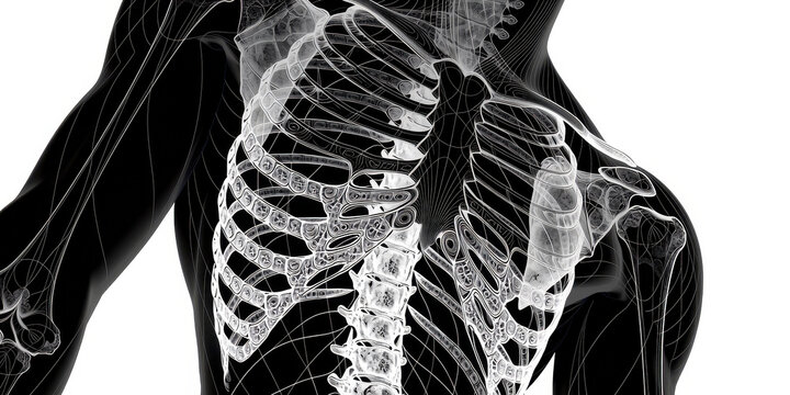 Human skeleton digital art anatomy ribcage spine shoulder blade black background abstract medical illustration