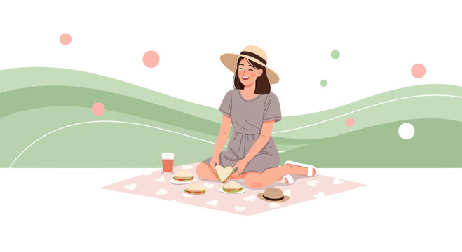 Woman Enjoying Picnic in Nature with Sandwiches and Drink