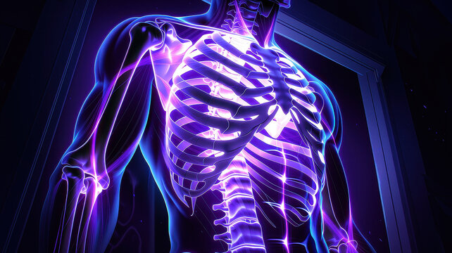 Glowing ultra violet light human body ribcage skeleton anatomy chest bones medical blue purple neon scienceGlowing ultra violet light human body highlights ribcage and skeleton anatomy with neon