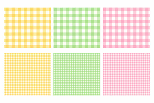 Set of Seamless Gingham Check Patterns in Pastel Yellow, Green, and Pink. Cute Plaid Vector Backgrounds for Picnic Tablecloths, Fabric Design, Scrapbooking, and Summer Party Decorations.