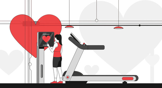 Woman exercising on treadmill in gym with large heart graphic