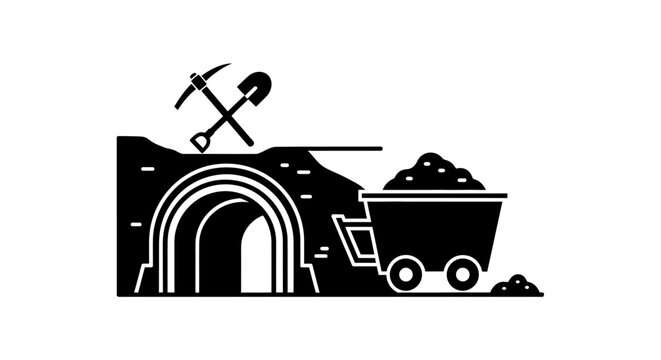 Mining cart with pickaxe and shovel.