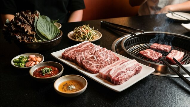 고급스러운 한국식 바비큐 갈비와 삼겹살, 신선한 쌈 채소와 소스가 함께하는 미식 경험.