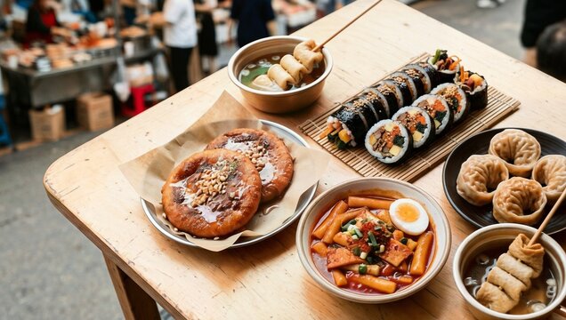 한국 길거리 음식, 김밥, 떡볶이, 호떡, 만두, 어묵이 나무 테이블에 놓여 있는 모습.