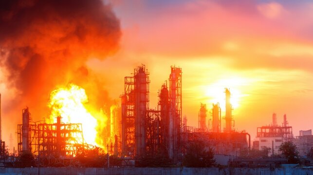 A fiery explosion in a sprawling industrial facility under a vibrant sunset sky