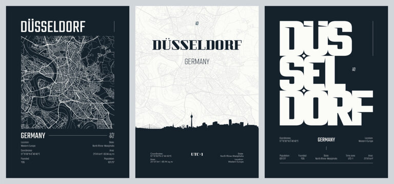 Set of travel posters with Dusseldorf is the capital city of North Rhine-Westphalia, detailed urban street plan city map, Silhouette city skyline, vector artwork, set 2