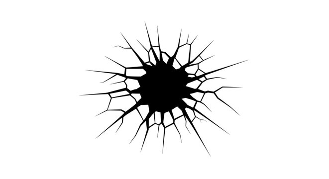 Cracked glass hole bullet impact damage.