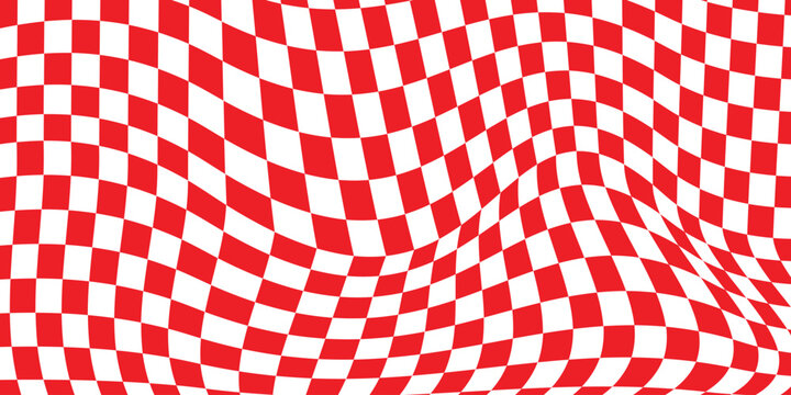A vibrant red and white checkered flag waving with a distorted wavy pattern