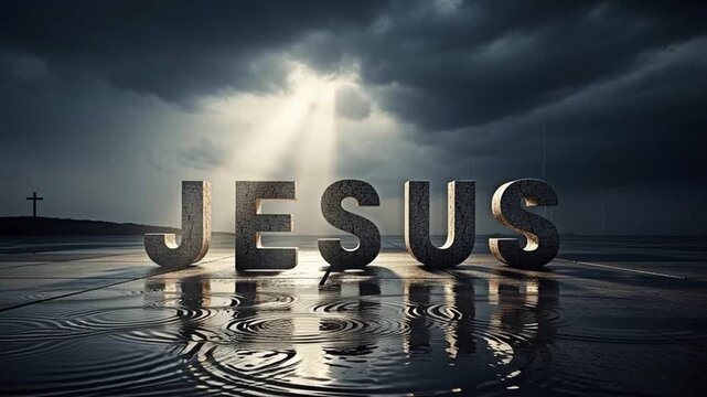 Large jesus text stands in reflective water under dramatic clouds with light shining from the sky. Concept of faith and spiritual hope.