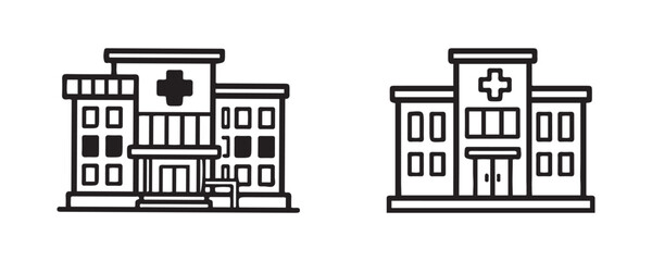 Naklejka premium Hospital Building Line Art and Silhouette Icon Set, Medical Healthcare Clinic Logo Vector, Black and White Graphic Design Illustration