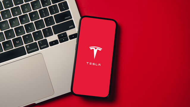 Tesla logo displayed on a smartphone screen &ndash; Delhi, India &ndash; June 04, 2025