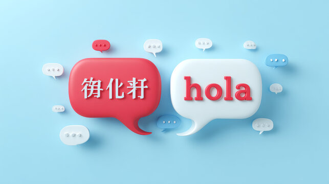 Translation concept. Hello and Hola speech bubble banner. International correspondence in English and Spanish. Online Chat. 3D Rendering