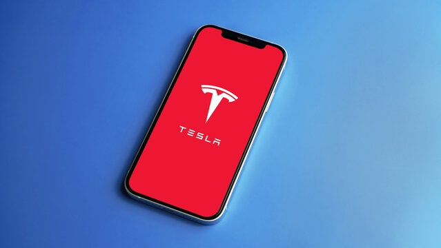 Tesla logo displayed on a smartphone screen &ndash; Delhi, India &ndash; June 04, 2025