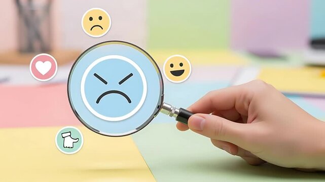A hand holds a magnifying glass over a sad face rating icon surrounded by feedback symbols on a colorful background. Concept of customer satisfaction and review analysis.