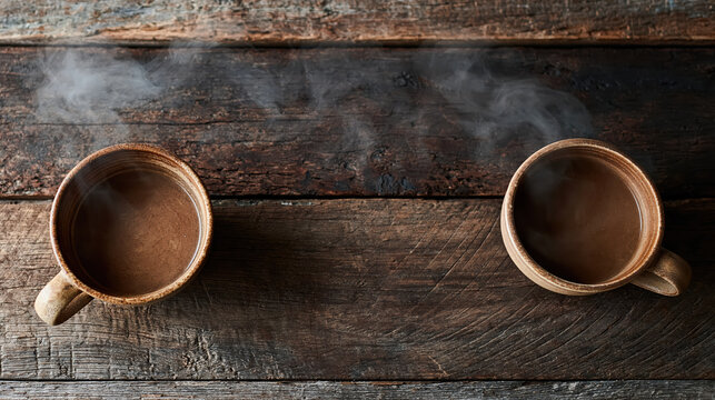 Overhead flat lay two ceramic mug steaming coffee mug rustic wooden table top view hot beverage brown cup empty cup