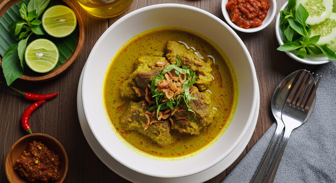 Top View of Gulai Kambing Indonesian Goat Curry with Fried Shallots