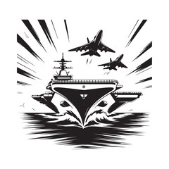 Fototapeta premium Aircraft carrier with fighter jets in dynamic illustrative black and white style