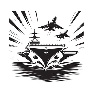 Aircraft carrier with fighter jets in dynamic illustrative black and white style