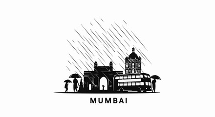 Fototapeta premium Silhouette of Mumbai landmarks and people with umbrellas in heavy rain