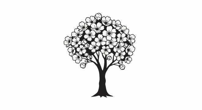 Silhouette of a tree adorned with many delicate blossoms and buds