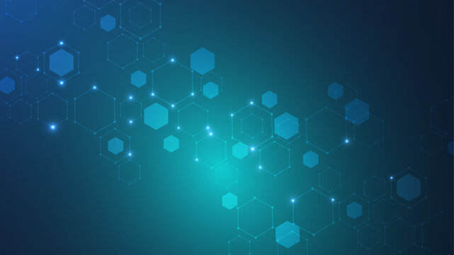 Health care or medical abstract background with hexagons, lines and dots. Scientific innovation banner template concept. Biology and pharmaceutical technology background. Vector illustration.