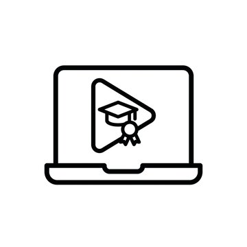 laptop screen showing a video play button with a graduation cap and a certificate ribbon, representing online education, webinars, and skill development. Outline stroke, white background.