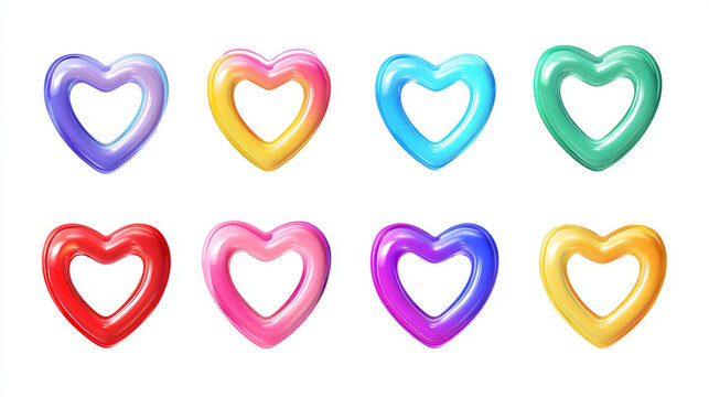 3D Rainbow glossy Hearts icon set. Valentines and love collection. Multicolored emoji like. Heart frame shape. Cartoon creative design icons isolated on white background. 3D Vector illustration