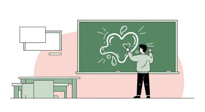 Student drawing abstract heart on green chalkboard in classroom