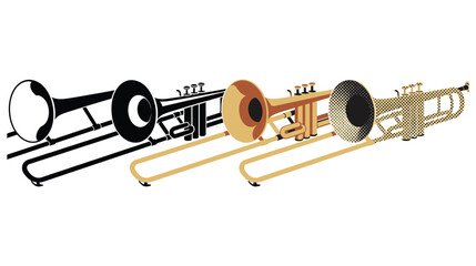 Obraz premium Set of trombone musical instruments in three different styles isolated on white.