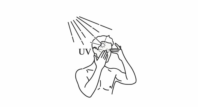 Person shielding face from UV rays, depicted with lines and text