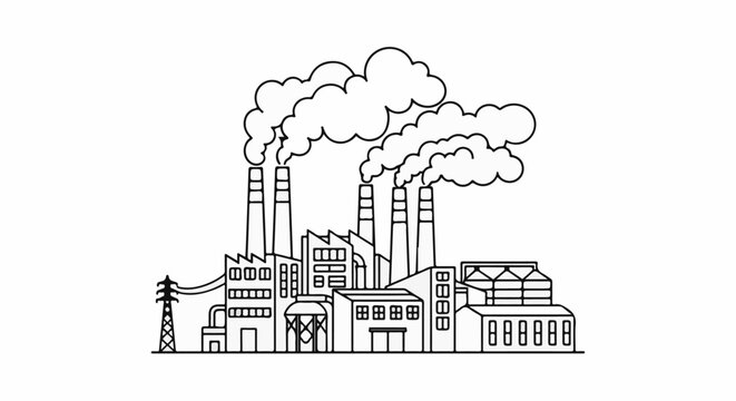 Outline illustration of an industrial complex with smoking chimneys