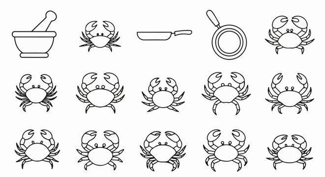 Outline illustrations of crabs and cooking utensils in a grid layout