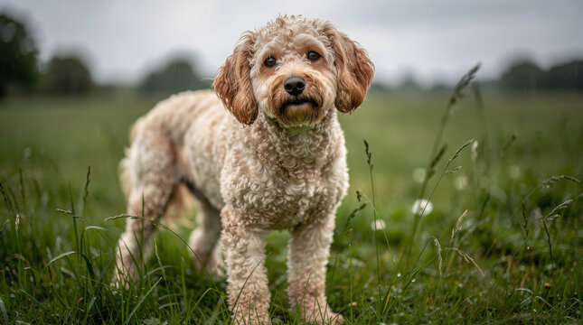 Whoodle Dog Low Angle Meadow Wildlife Telephoto Shot Natural Frame Copy Space