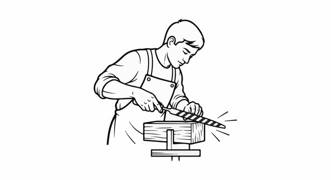 Person wearing apron uses rasp on wood block
