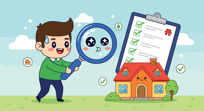 Cute cartoon boy holding a magnifying glass with a panda face and house in a playful outdoor scene
