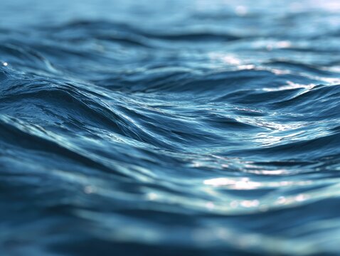Close-up view of deep blue ocean waves, catching light, with ripples