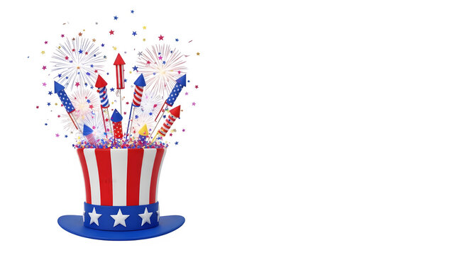 Festive uncle sam hat with fireworks isolated on transparent background