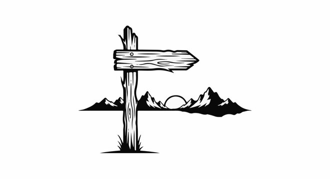 Rustic wooden signpost points toward sunset over mountainous horizon