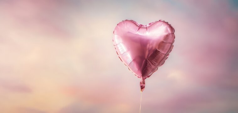 The Heart Balloon Floating in a Soft Pastel Sky at Romantic Sunset