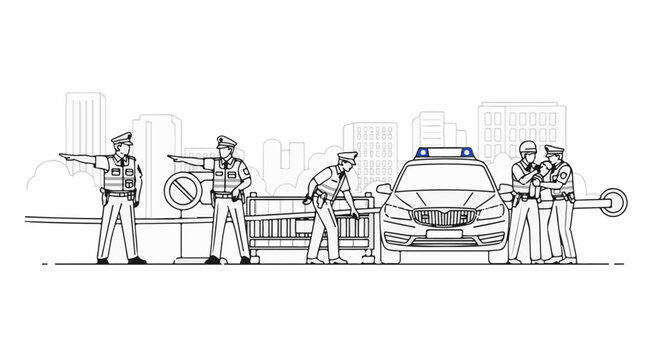 Police officers at a checkpoint with a car, barricade, and city backdrop